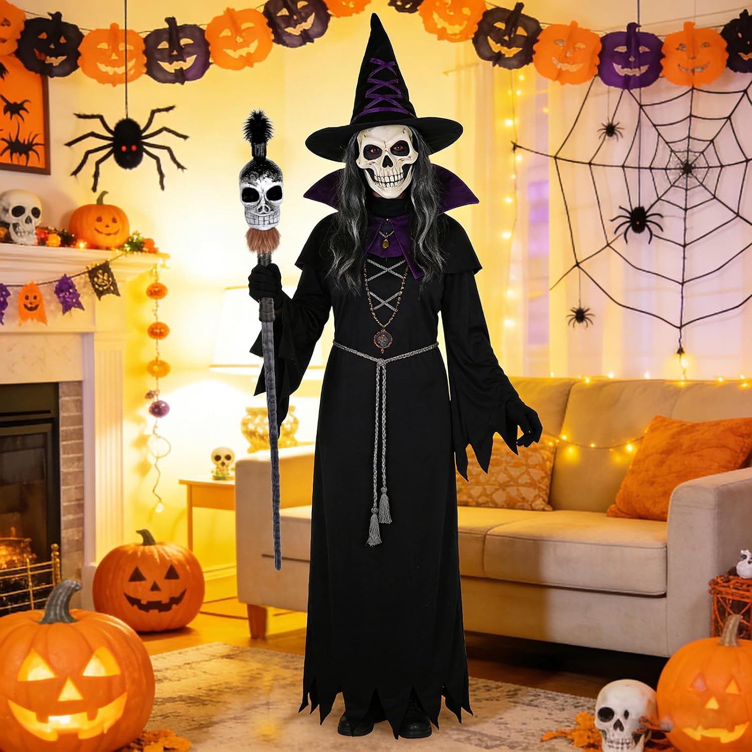 Voodoo Cane Staff Prop,Halloween Skull Costume Accessories for Women/Men,Wizard Warlock Costume Accessories for Adult