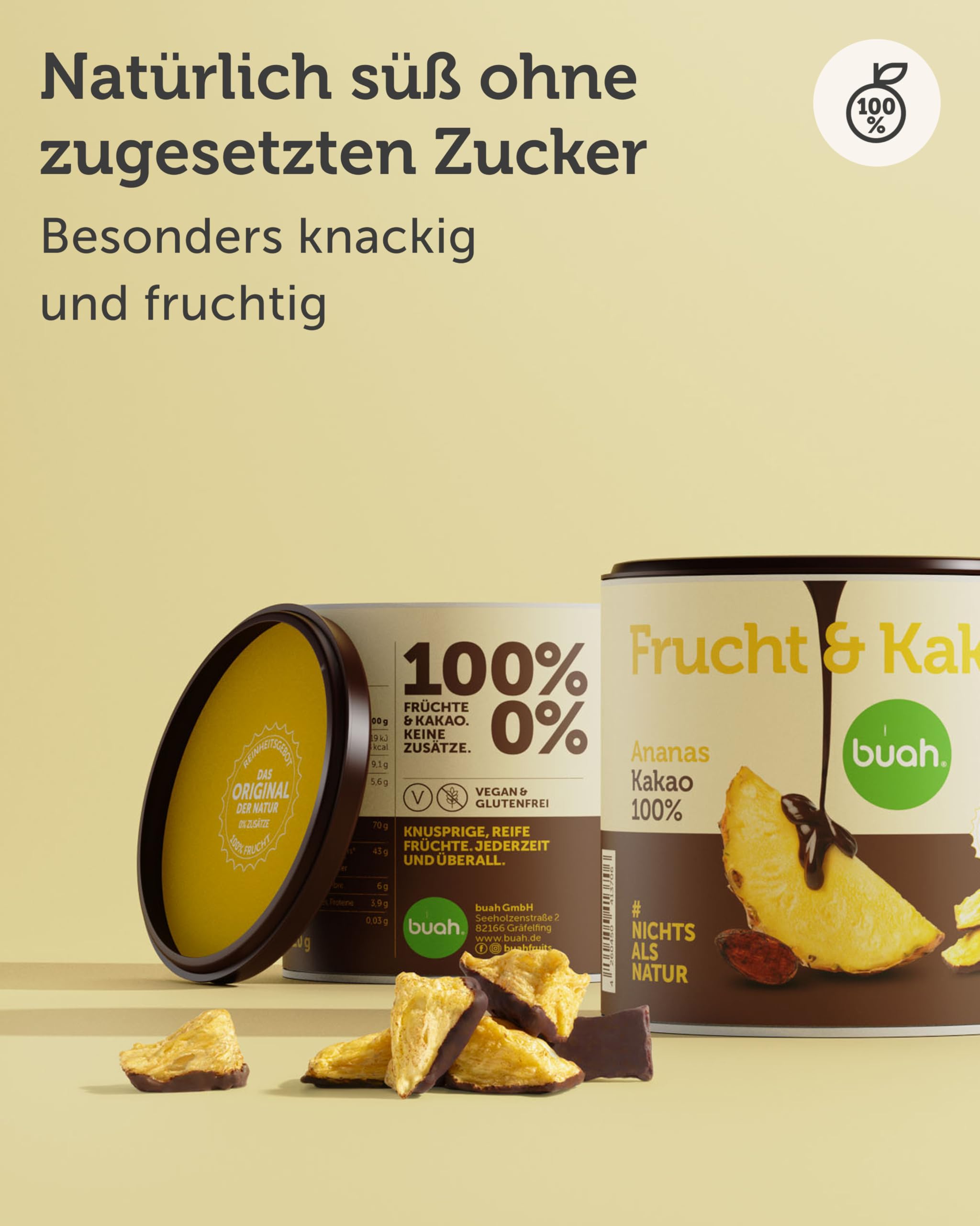 Buah Frucht Kakao Ananas | Ananas mit Kakao | Extra crunchy & fruchtig | Schokolierte Früchte mit dunkler Glasur | 100% natürlich, vegan, ohne Zuckerzusatz | 110 g