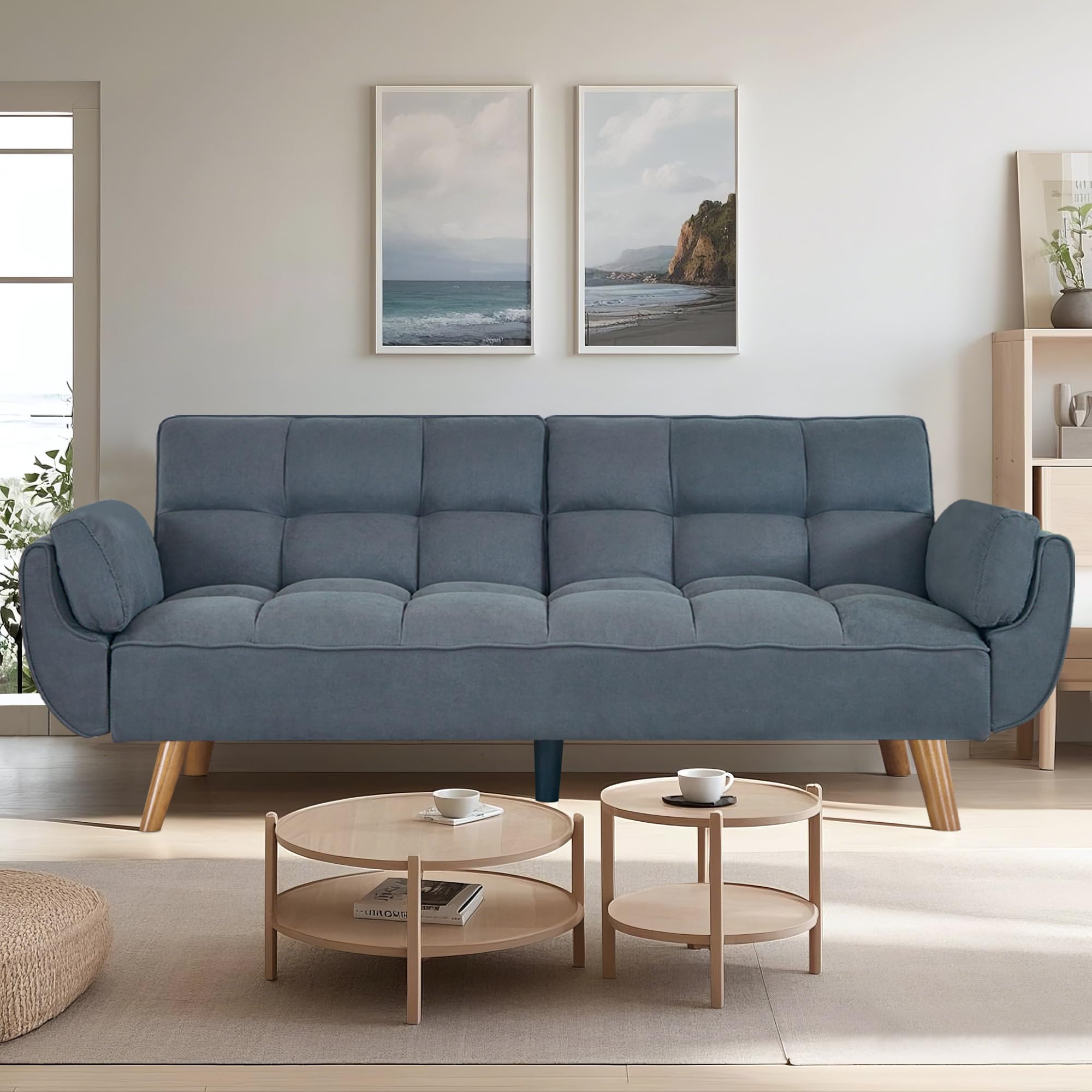 Convertible Futon Sofa Bed, 75″Linen Modern Futon Couch with Adjustable Backrest, Easy Assembly Sleeper Sofa Couch, Upholstered Recliner Couches for