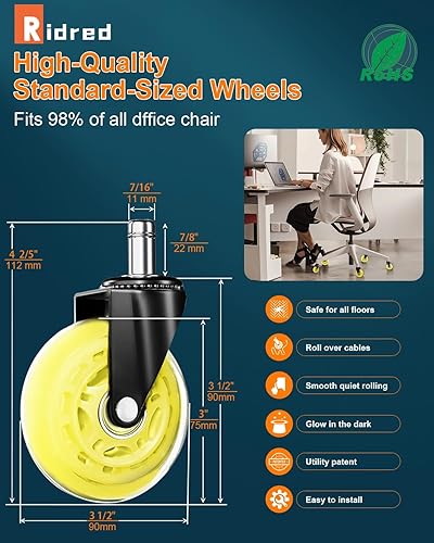 Vista 11 de RidRed Ruedas giratorias de repuesto para sillas de juegos o de oficina, de alta resistencia, de hule, ajuste universal, de 3 pulgadas, sin ruido