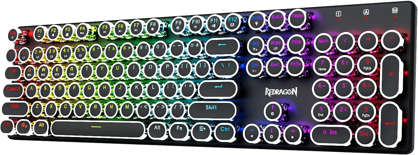 Redragon K710 ワイヤレス ゲーミングキーボード 青軸【2.4GHz/BT/USB-C有線】タイプライター風キーボード メカニカル アンチゴースト 104キー テンキー付き 英語配列 レトロ 丸型キー RGBバックライト メタルパネル 充電式 PC（ブラック）