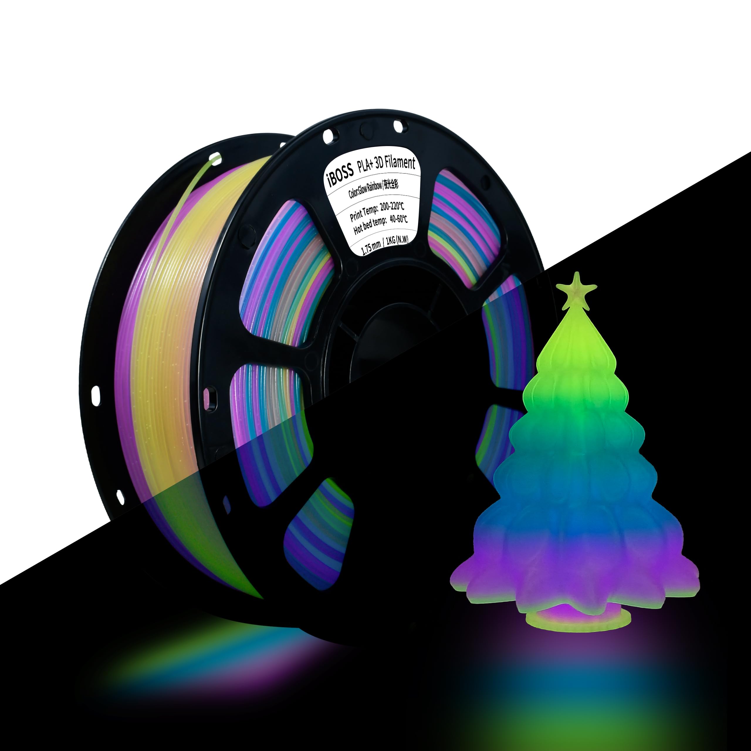 iBOSS Filament PLA+, 1,75 mm, filament do drukarki 3D 3D w kolorze tęczy, 1 kg (2,2 funta), filament do druku 3D PLA+, zmieniający kolor, olśniewająca tęcza