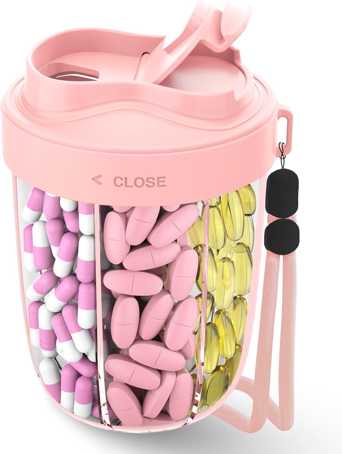 Large Pill Organizer,Supplement Organizer for 7 Different Vitamins,Pill Dispenser with Anti-Mixing Design,Easy to Retrieve Meds,Includes 20 Pcs Labels,Travel Pill Organizer(Pink)