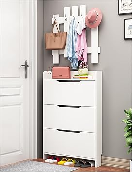 Shoe Storage Cabinet, Slim Shoe Rack with Concealed Compartments and Coat Hooks Space Saving Shoe Organizer