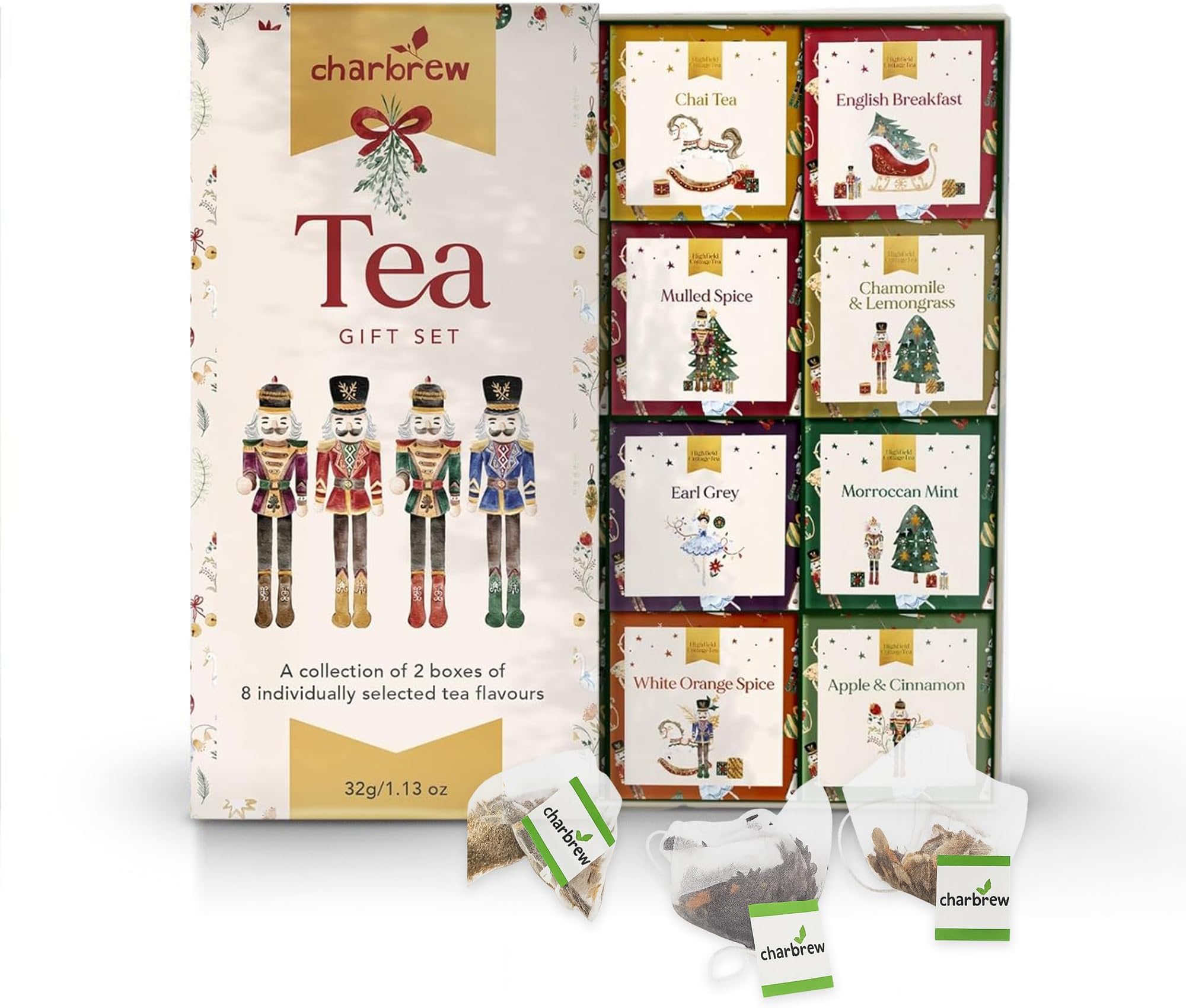 Charbrew Christmas Nutcracker 16 Box Assortment Tea Gift Set - 16 Mesh Teabags 8 Mix Tea Blends Including Classic & Herbal/Fruit