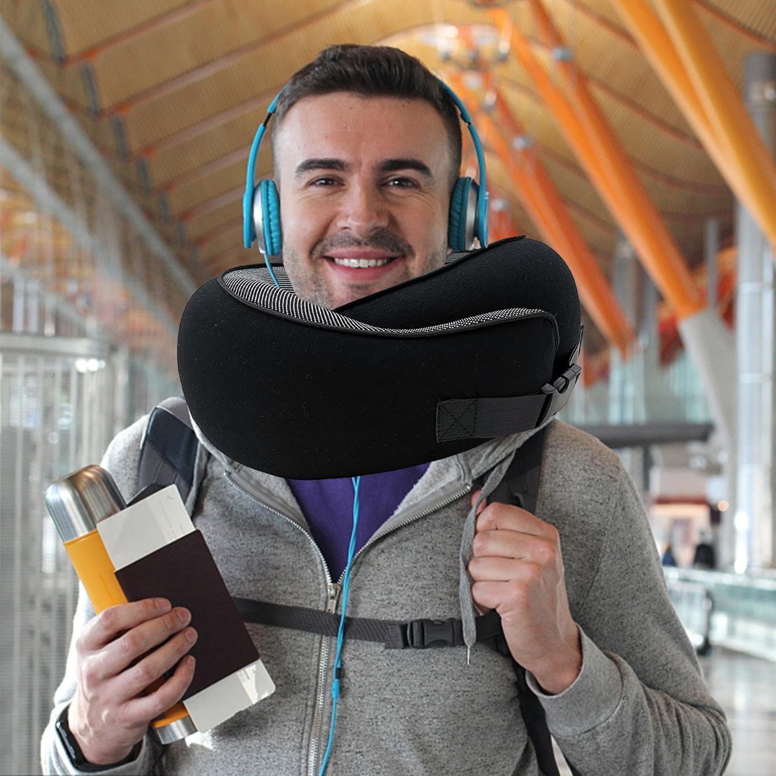 Cuscino Cervicale Da Viaggio In Memory Foam - Regolabile, Con Maschera E Tappi, Grigio - Foto 11