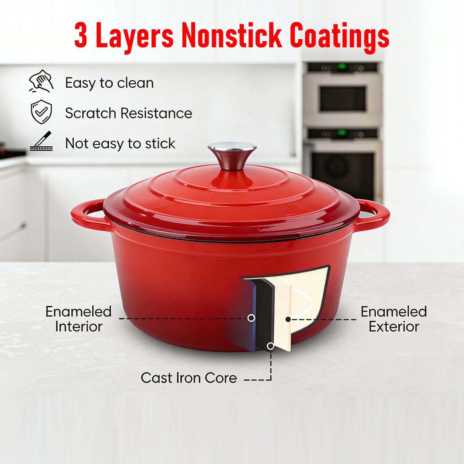 Bewinner Olla de Hierro Fundido con Tapa Esmaltada Antiadherente 26 Cm Apto para Horno Asado Estofado Salteado Cazuela de Cocción Lenta para Estufas Inducción de Gas Rojo (26CM)