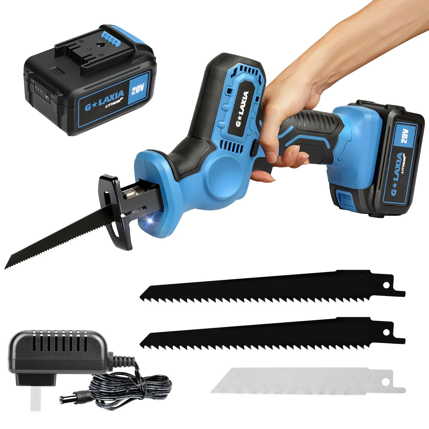 Photo 1 of [MAJOR DAMAGE] G LAXIA Cordless Reciprocating Saw, 20V Reciprocating Saw with 4.0Ah Battery and Charger, Tool-Free Blade Change, 3Pcs Blades for Wood, Soft Metal, PVC Pipe Cutting