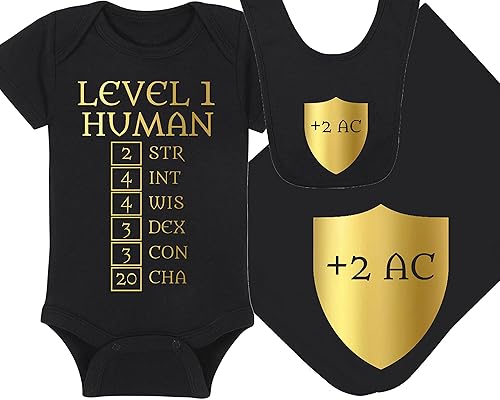 Gaming Baby Onesie, Blanket and Bib - Level 1 Human with Ability Scores - Shield +2 AC - Shield +2 AC (12-18 Month - Black Fabric - Gold Design)