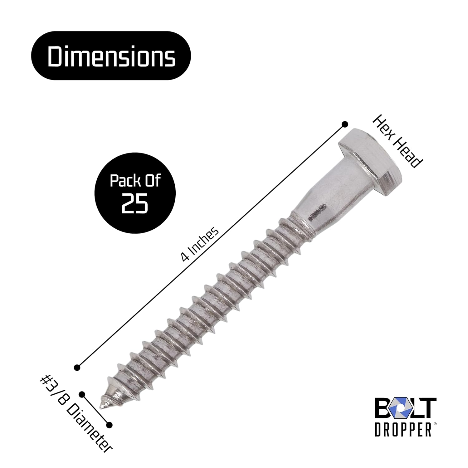 Bolt Dropper 25 Pack 3/8 x 4 Inch Stainless Steel Lag Bolts - Hex Head Screws with Coarse Threads - Heavy Duty 304 Grade Rust Resistant Coach Bolts for Wood and Outdoor Projects - Plain Finish