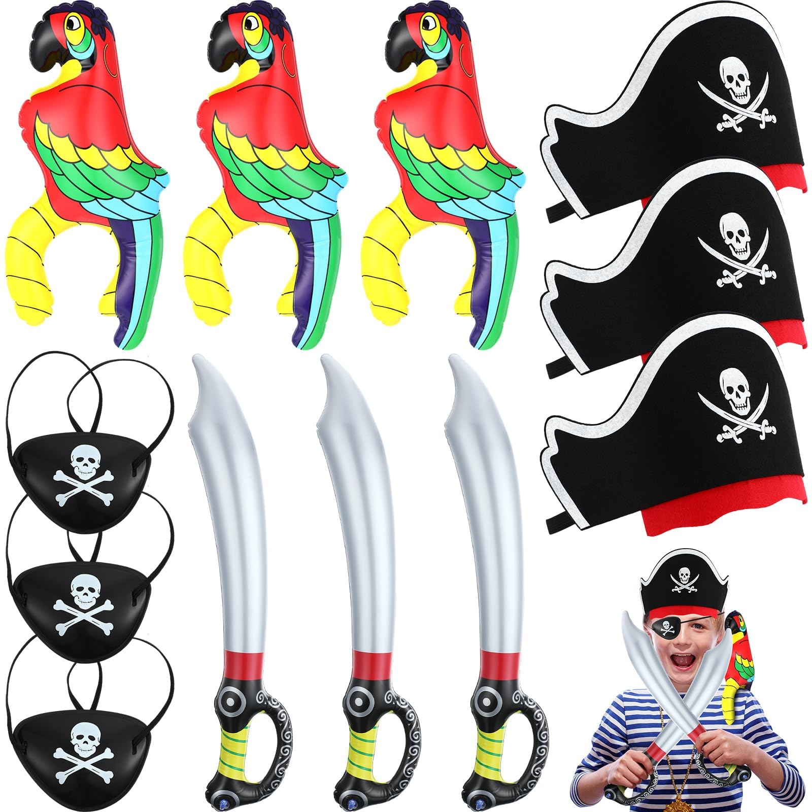 Pirate Costume Accessories Set for Kids, 3 Inflatable Pirate Parrot Shoulder 3 Pirate Captain Hat 3 Pirate Eye Patches 3 Inflatable Pirate Swords, Funny Pirate Party Role Play Supplies for Boys Girls