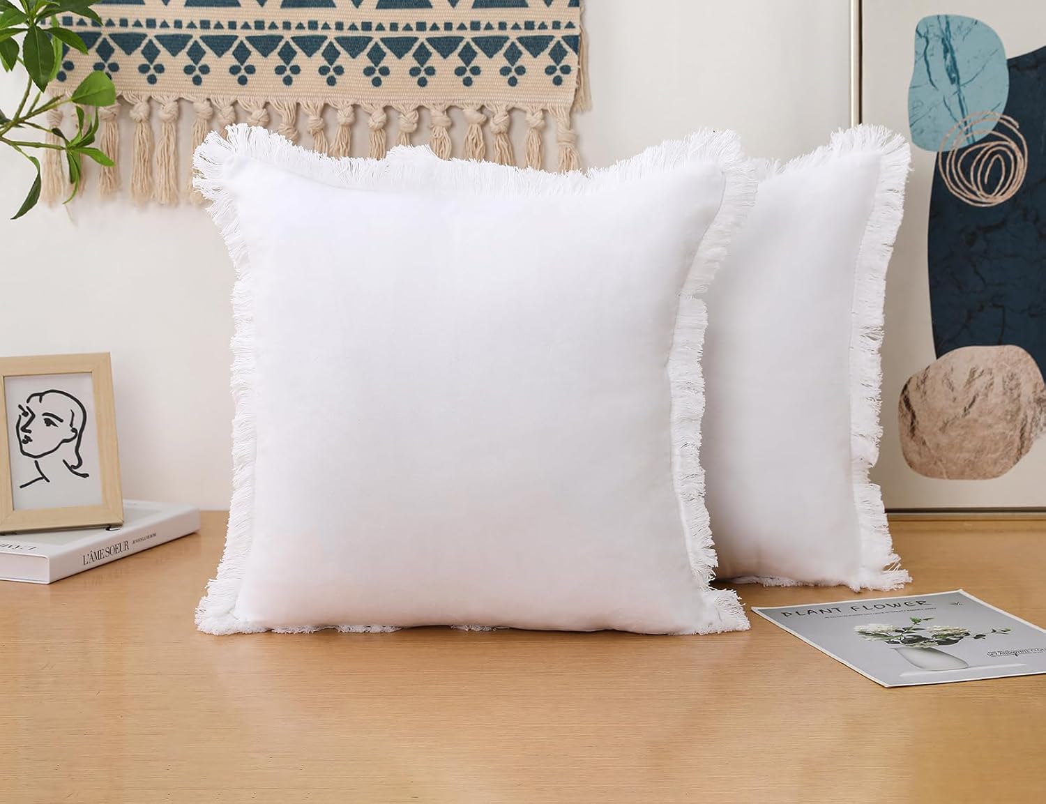 Set of 2 Natural Linen Fringed Throw Pillow Covers,White Neutral Decorative Pillowcase with Chic Tassel Burlap Boho Square Cushion Covers for Couch Sofa Farmhouse,16x16 inches - Image 3