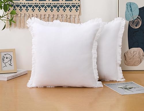 Miniatura 3 de Juego de 2 fundas de almohada de lino natural con flecos, funda de almohada decorativa blanca neutra con borlas elegantes de arpillera bohemia