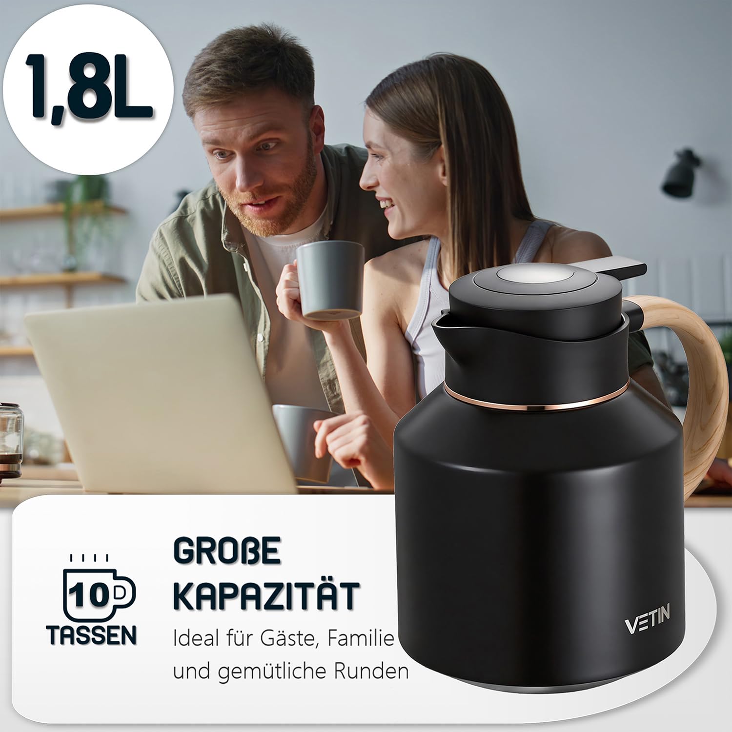 VETIN Caraffa termica con infusore da 1,8 l, in acciaio inox 316, caraffa termica | A prova di perdite, caldo per 24 ore e freddo per 36 ore, per tè, caffè e bevande fredde (manico in plastica)