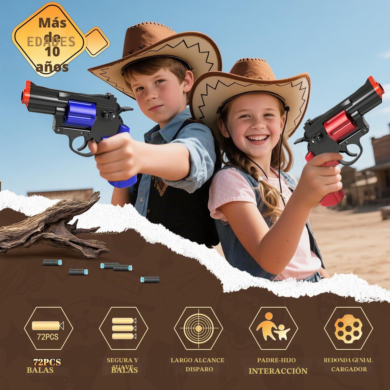 VATOS Revólver de Juguete de Espuma Blaster, 2 piezas con 72 bolas suaves, modelo educativo de tiro para niños y niñas de 10+ años