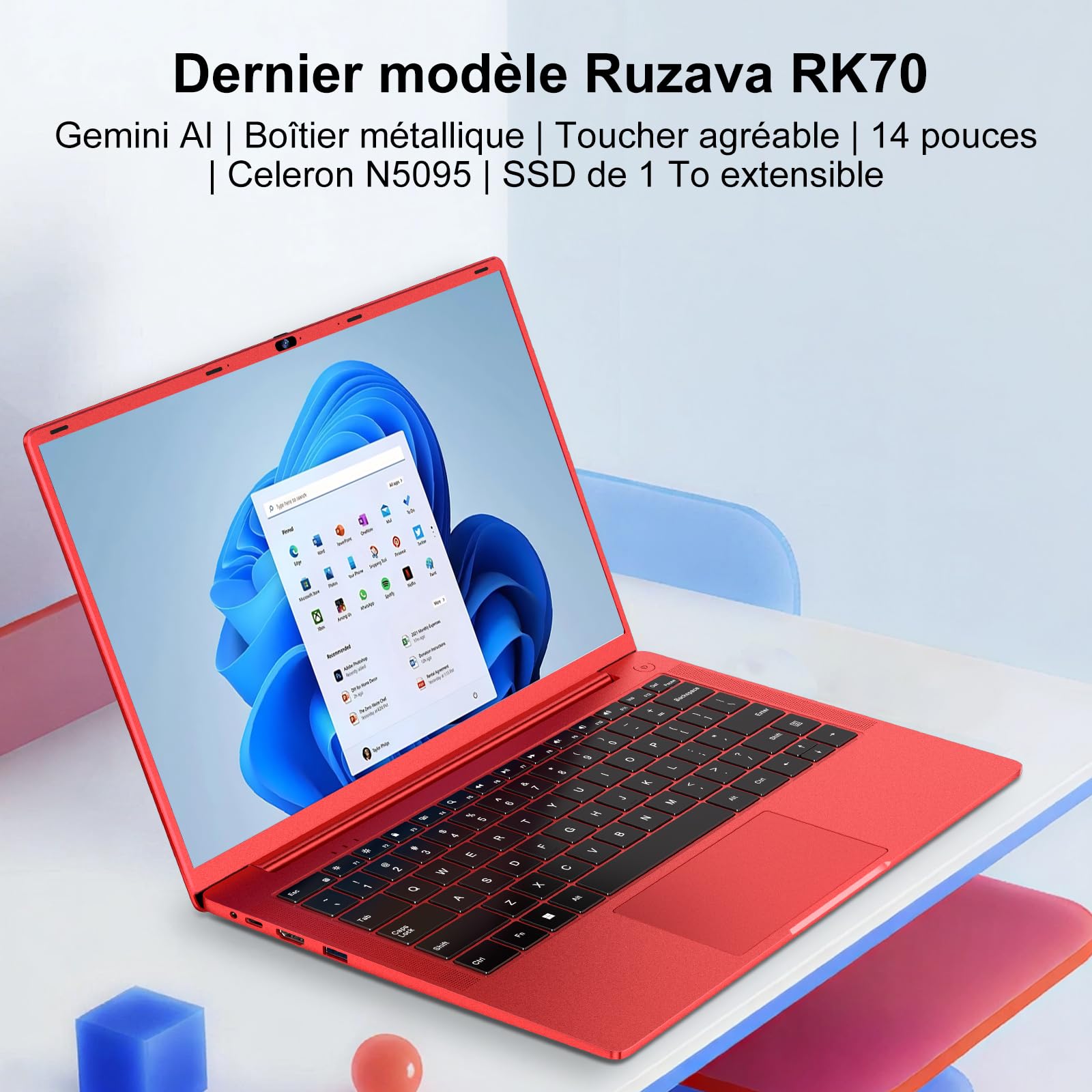 Ordinateur Portable 14 Pouces Celeron N5095 (jusqu'à 2,9 GHz) Win11 8Go 256Go SSD Extension1To 5G WiFi 1920x1080HD PC Portable avec Souris sans Fil QWERTY Clavier avec AZERTY Membrane Clavier-Rouge-13