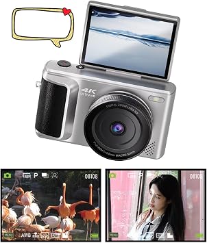 4K Digital Camera Photography 3 180° Flip Screen 16x Zoom Digital Zoom Point Shooting Camara Compact Vlog Travel Camara for Beginners Silver