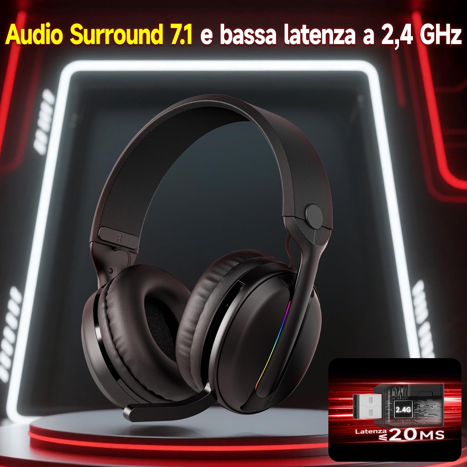 MANKIW Cuffie Gaming Wireless per PS5, PS4, PC, Mac, Cuffie da Gioco Bluetooth 5,4 & 2.4GHz USB/Type-C a Bassa Latenza con Microfono Antirumore, 40H di Autonomia