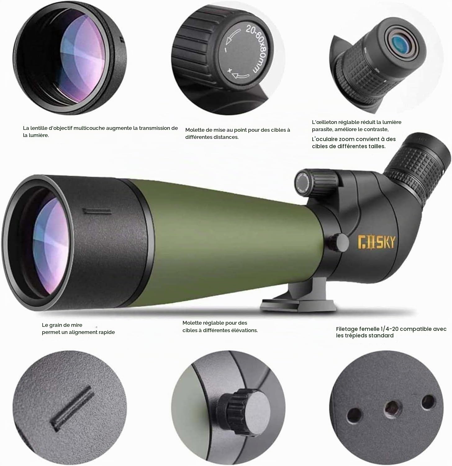 Gosky 20-60x80 Longue Vue - Lunette d'observation BAK4 pour tir à la Cible Chasse Observation d'oiseaux Paysage Animalier (avec Support de téléphone + Support SLR Compatible avec Canon)