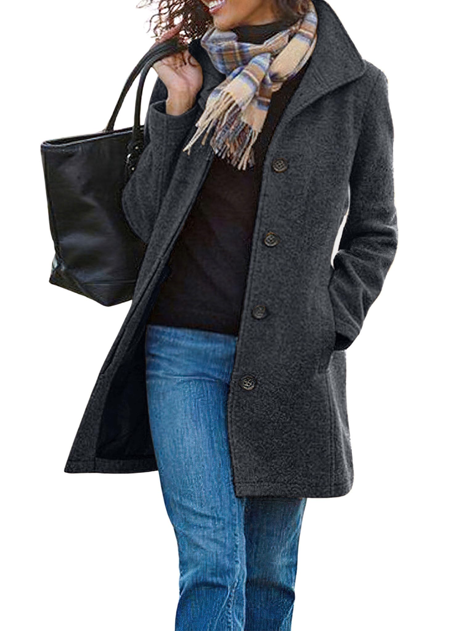 Women's Casual Thicken Wool Blend Stand Collar Single Breasted Pea Coat