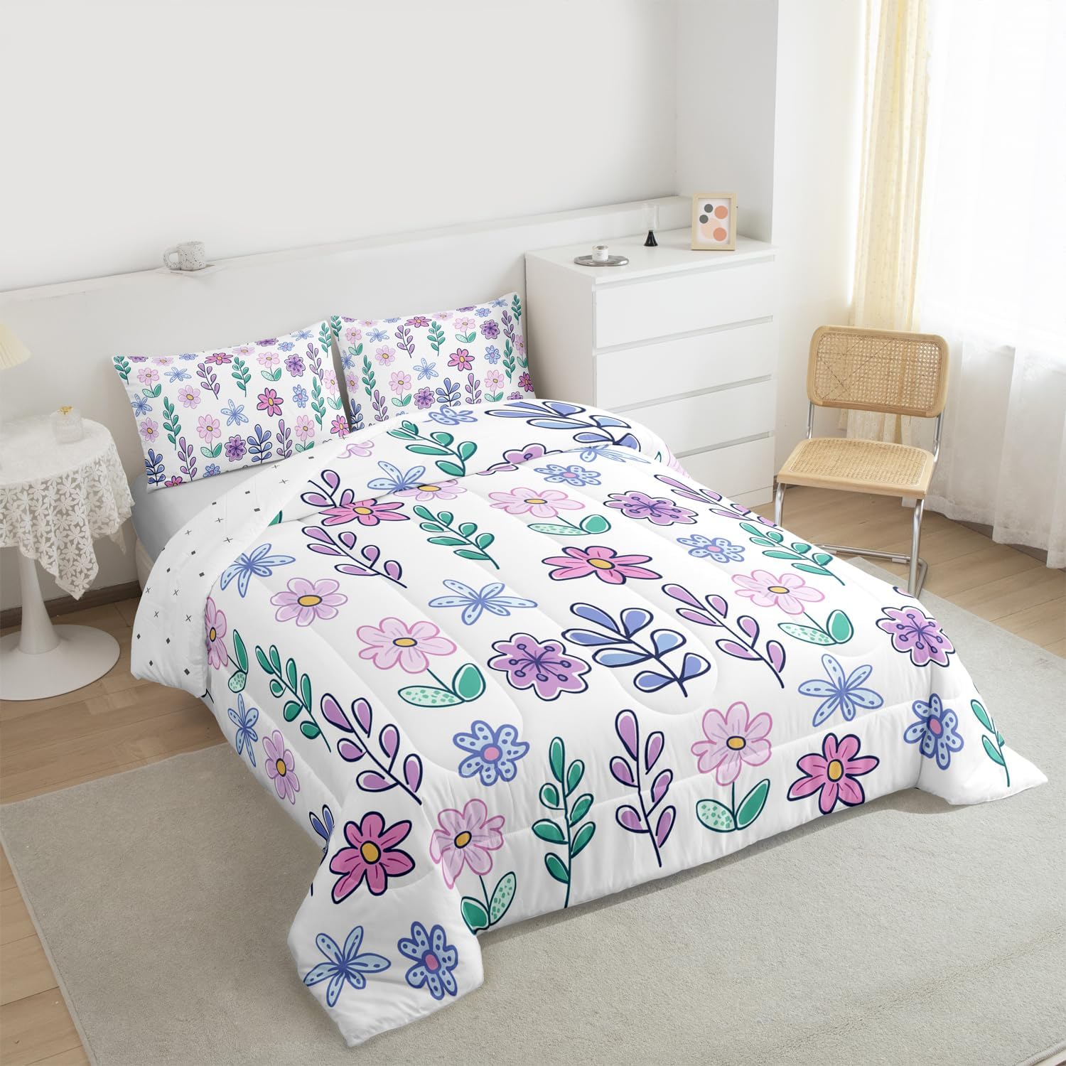Feelyou Floral Comforter Set Twin Size Plant Bedding Set for Kids Boys Girls Farmhouse Garden Duvet Quilt Cute Bedroom Decor Blue Pink Purple Microfiber 2 Pcs with 1 Pillow Cases