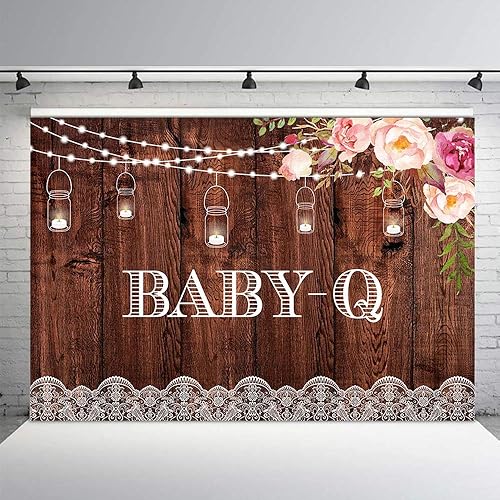 Miniatura 3 de MEHOFOTO Fondos rústicos para fotografía de fiesta Baby-Q de madera, rosa, floral, para barbacoa, baby shower, tira de luces en tarro de masón,