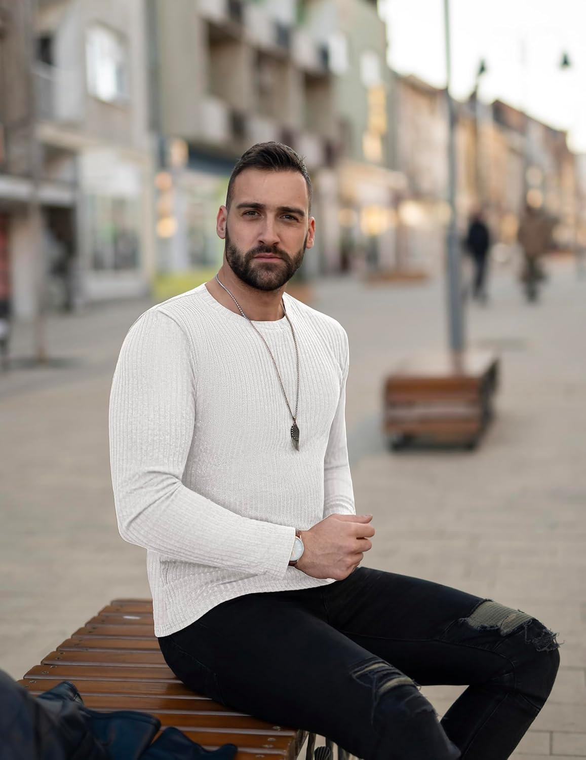 Ekouaer Men's Long Sleeve Shirts Ribbed Pullover Tees Sim Fit Thermal Tops Crew Neck Stretchy Undershirts S-3XL - Image 3