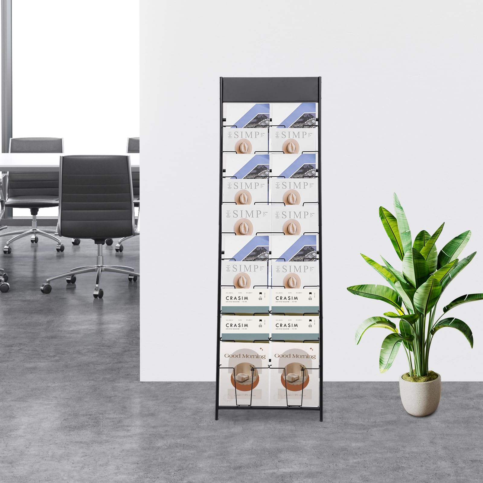 Double présentoir à magazines A4 à 10 niveaux en métal - Support de présentation au sol pour magazines, livres, journaux, littératures, dépliants - Pour la maison, le bureau, le magasin de détail