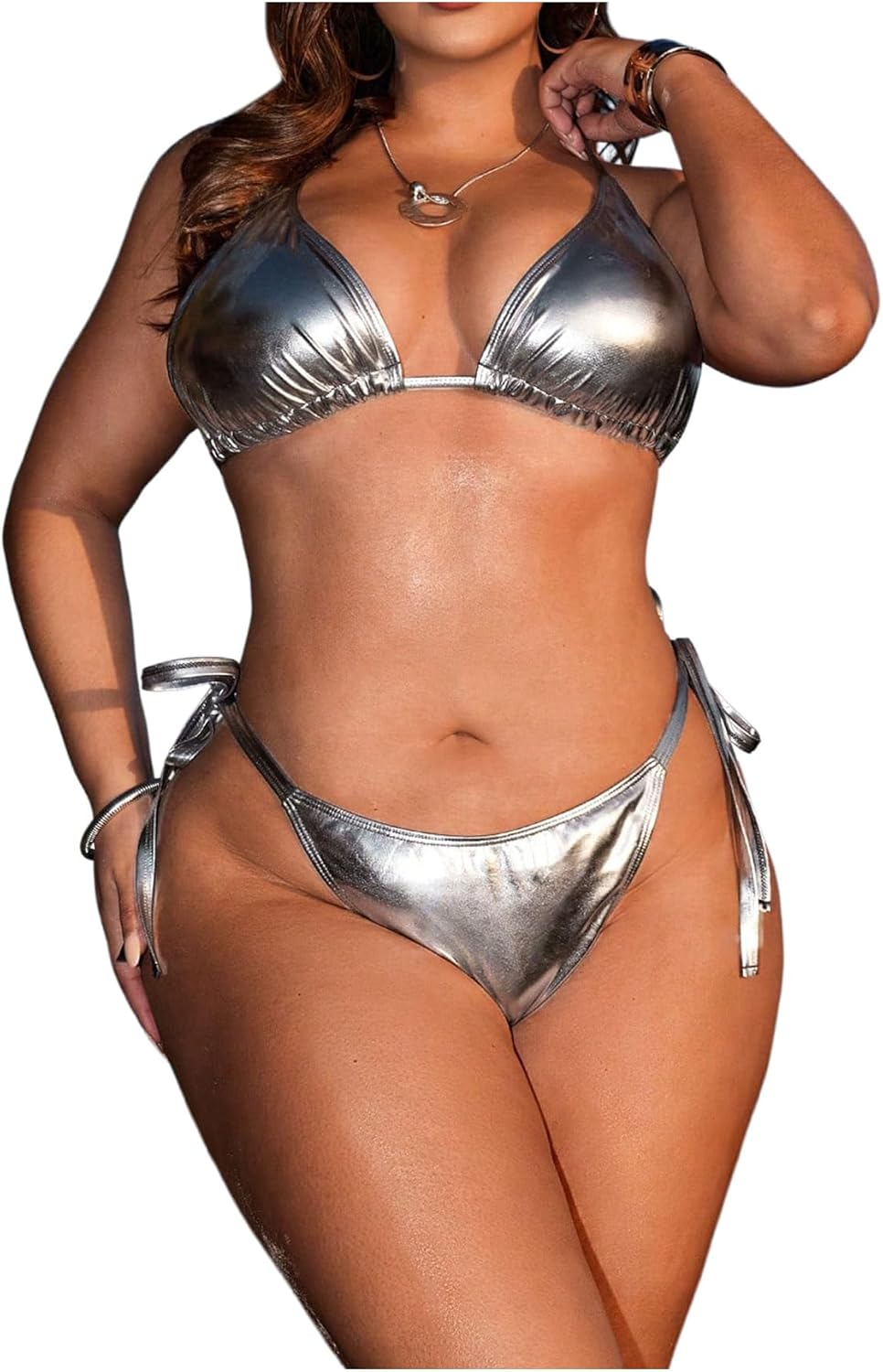 Floerns Women's Plus Size 2 Piece Swimsuit Metallic Halter Tie Side String Bathing Suit
