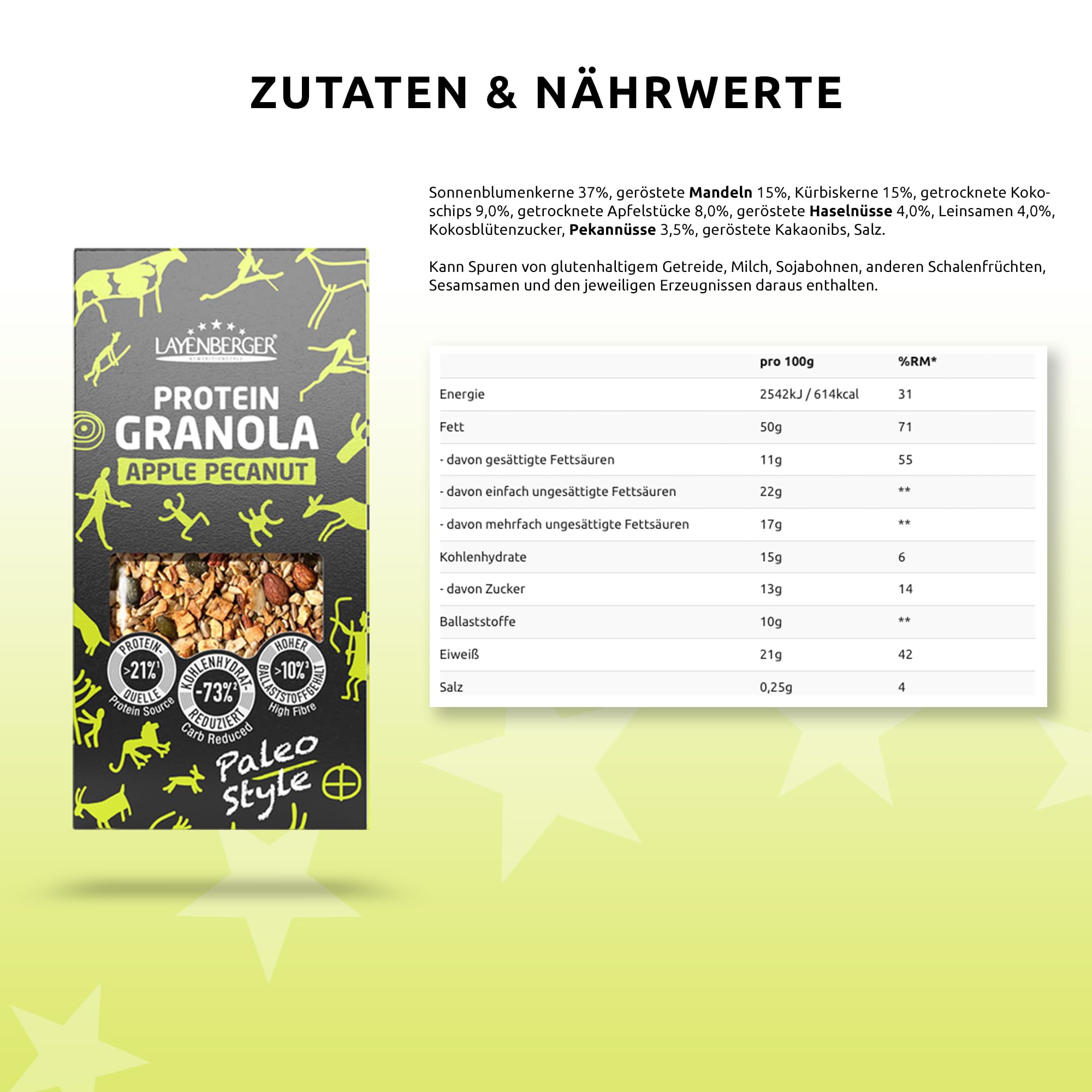 Layenberger Protein Paleo Granola Apfel Pekannuss (6x350 g) | 21 % Eiweiß, 10 % Ballaststoffe, laktosefrei, insgesamt 2100 g