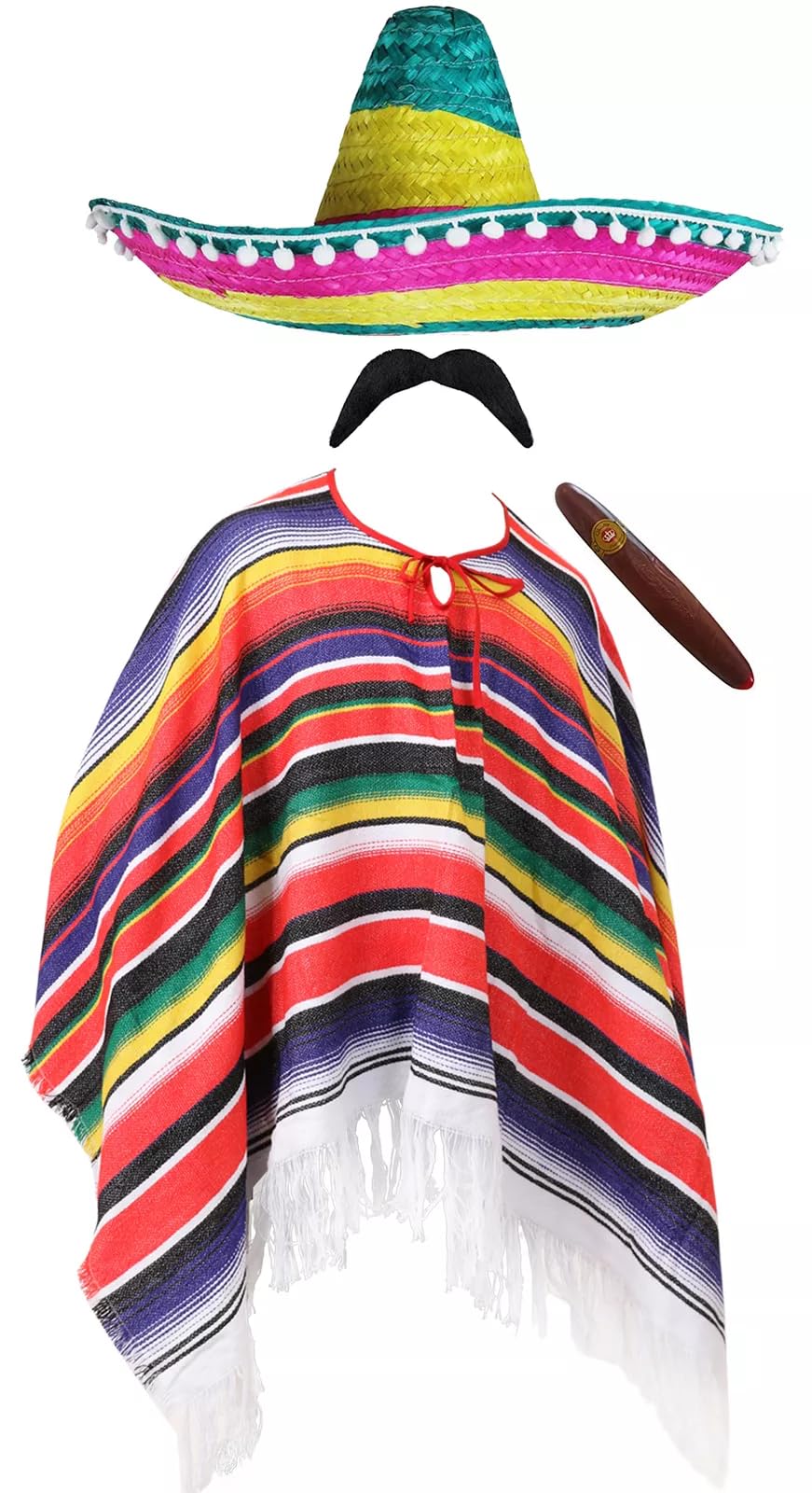 Adults Mexican Costume - Multicoloured Poncho with Tasselled Edges, Multicoloured Sombrero, Fake Cigar, Fake Moustache - Mens Ladies Mexico Cinco de Mayo Fancy Dress Costume