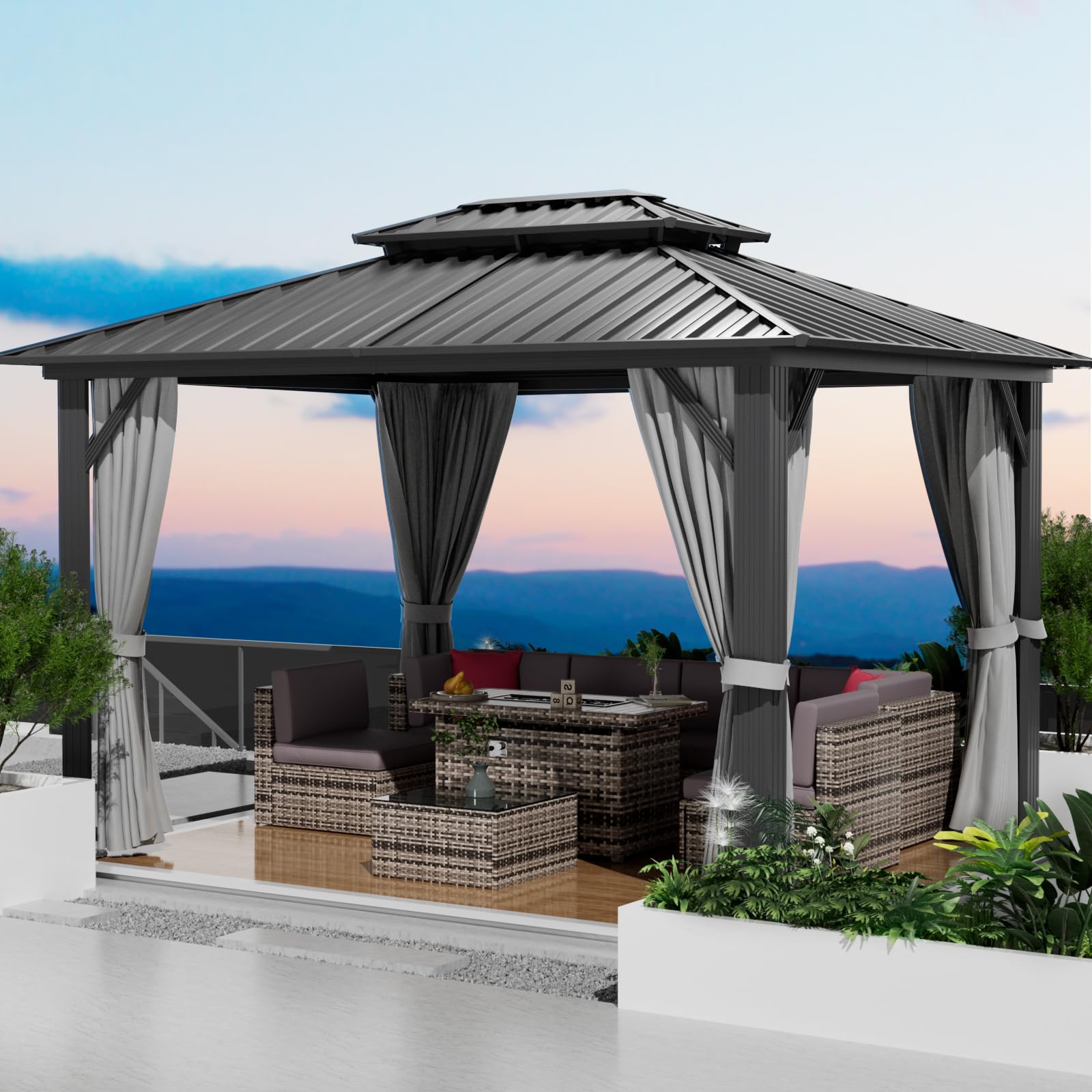 10X12 Hardtop Gazebo, Outdoor Aluminum Gazebo with Galvanized Steel Double Roof, Permanent Metal Pavilion with Netting, Curtains