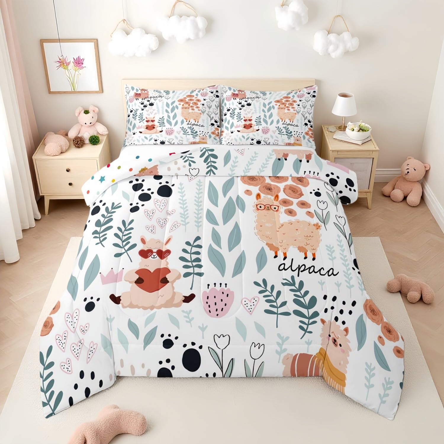 Erosebridal Kawaii Llama Bedding Set,Cartoon Llama Alpaca Comforter Set Twin,Cute Love Heart Leaf Flower Comforter Set for Kids Girls Boys,Paw Print