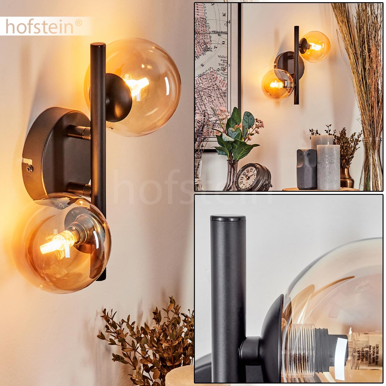 Wandleuchte Chehalis, Wandlampe aus Metall/Glas in Schwarz/Bernsteinfarben, Leuchte im Retro/Vintage-Design mit Schirmen aus Glas (Ø 10 cm) u. An/-Auschalter am Gehäuse, 2 x G9, ohne Leuchtmittel