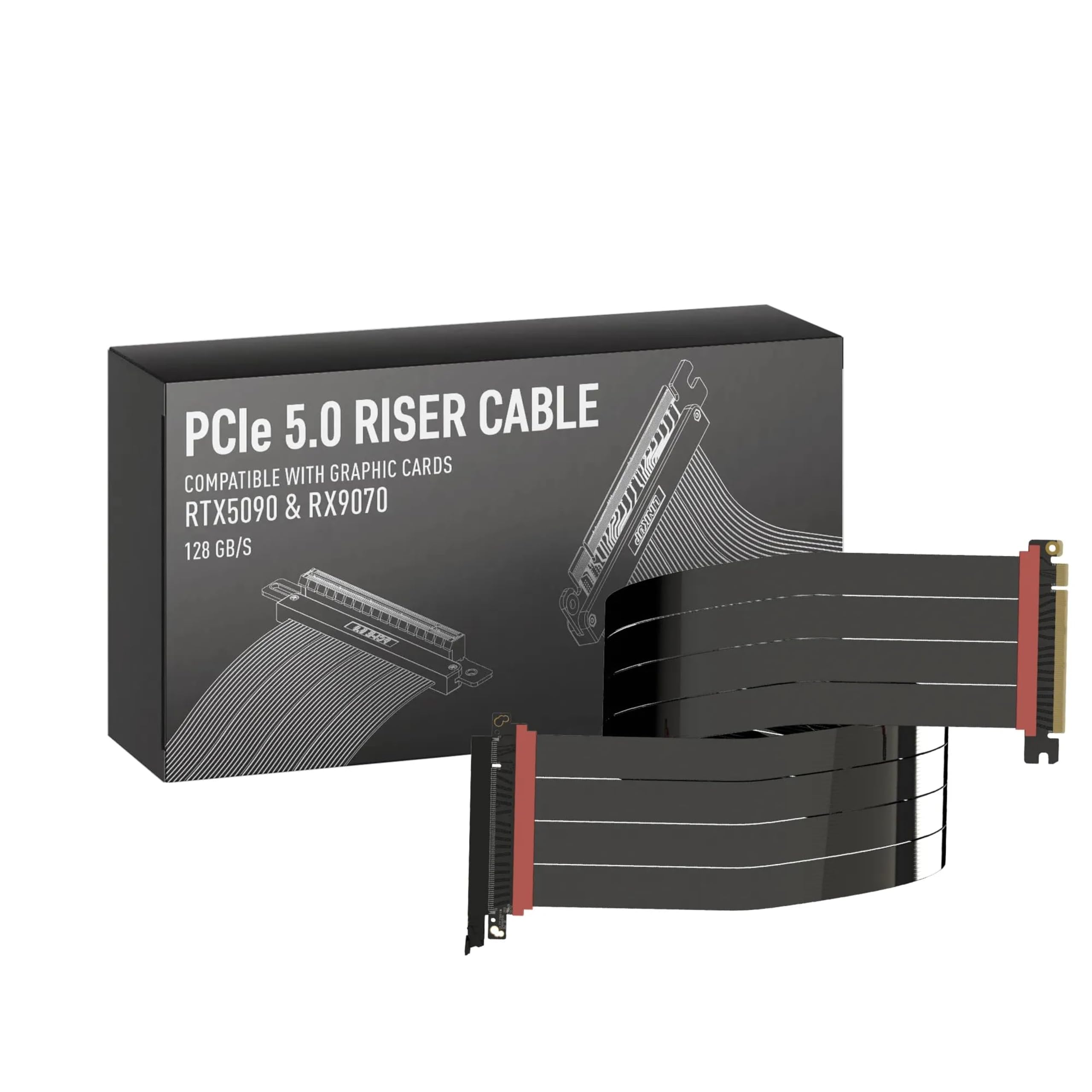 LINKUP - AVA5 PCIE 5.0 Riserkabel | RTX5090 RX9070 GPU Klaar | x16 128GB/s Snelheid | Compatibel met PCIe 4.0 | Ontworpen voor ITX | Enkele Omgekeerde Rechte, Zwart 40cm (Totale lengte 44.5cm
