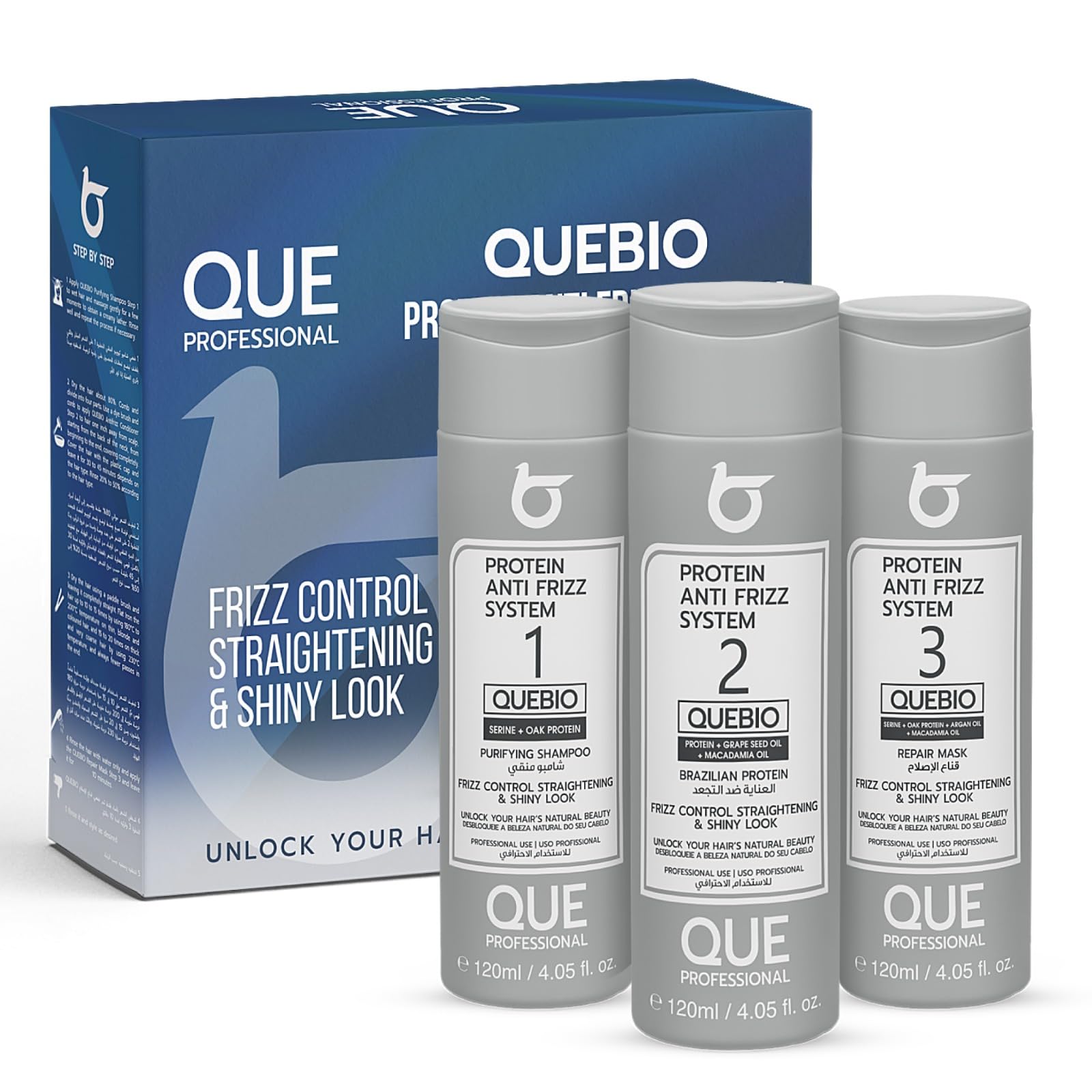 QUEBIO Keratin Hair Treatment Kit | 3 Step Anti-Frizz System with Purifying Shampoo, Protein Complex & Repair Mask | Formaldehyde-Free | Nano Technology | Organic Oils for Silky Hair | 4.05 fl. oz.
