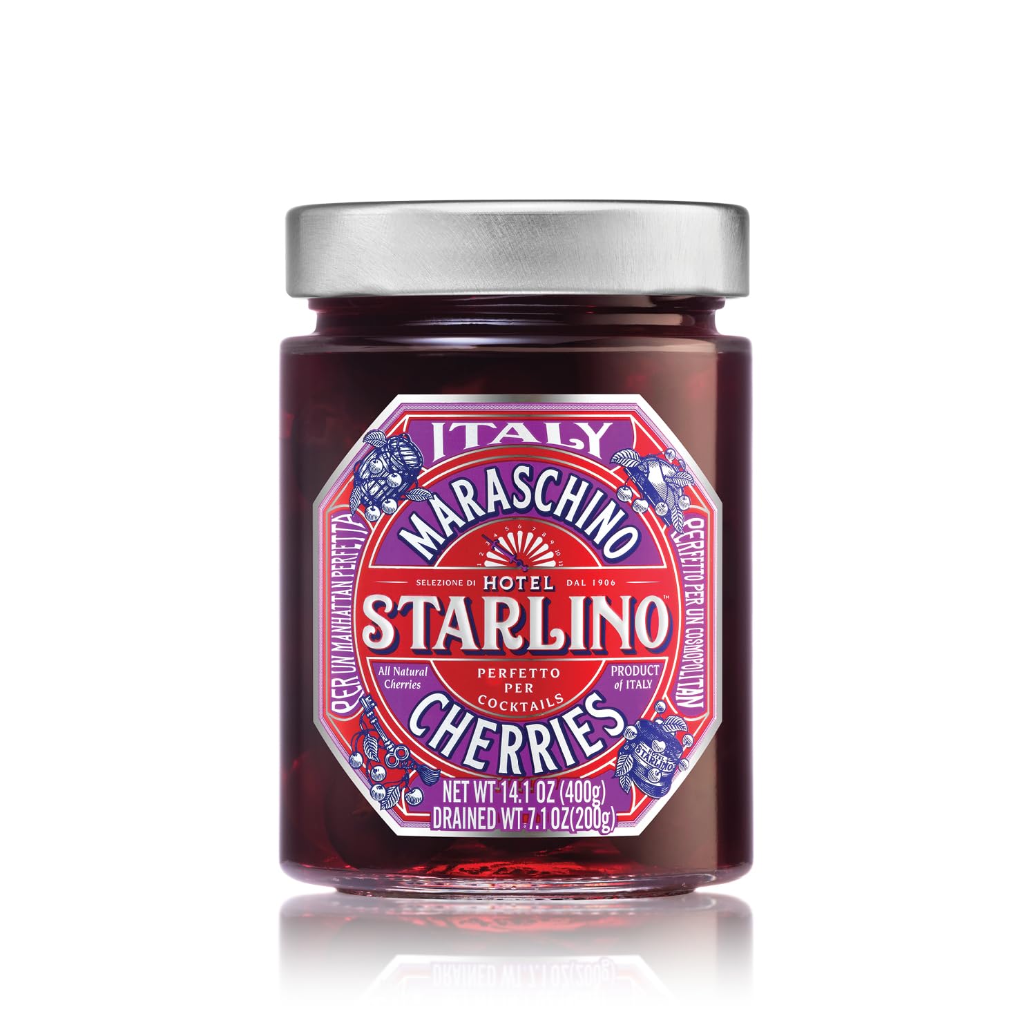 Hotel Starlino Maraschino Cherries | Great Tasting Italian Cherry for Premium Cocktails and Desserts | All-Natural Home Essentials For Your Bar Cart or Makes a Great Gift | 400g Jar, Pack of 1