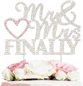 Finally Mr & Mrs Silver & Pink Wedding Rhinestone Cake Topper - Perfect for Bridal Shower Engagement Wedding Party Metal Sparkly Cake Centerpieces Topper Decorations Keepsake.