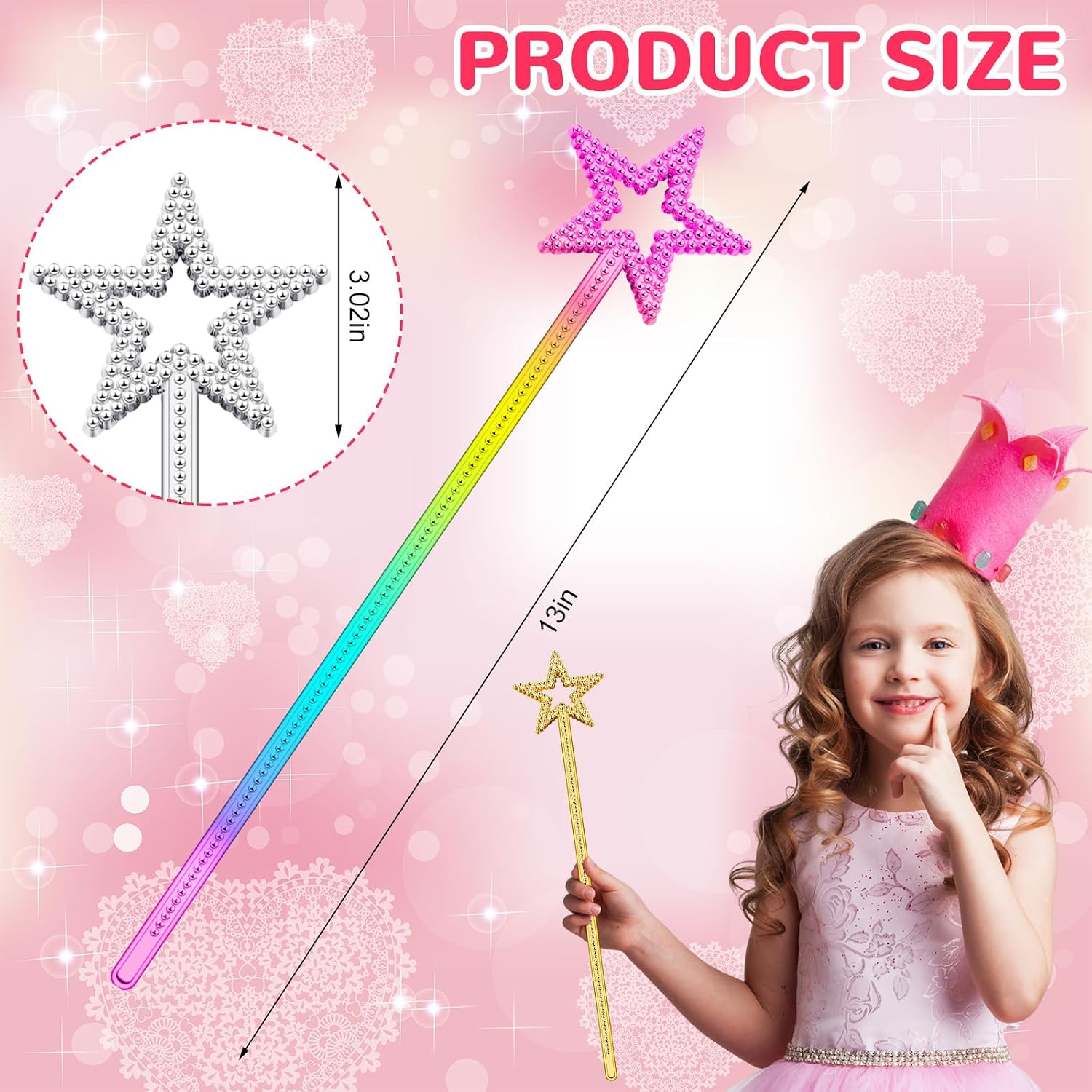 Meanplan 36 Pcs 13 Inch Fairy Wands Princess Magic Star Wands Fairy Angel Witch Sticks Fairy Costume Accessories for Women Girls Kids Halloween Costume Cosplay Party Prop(Gold, Silver, Colorful)