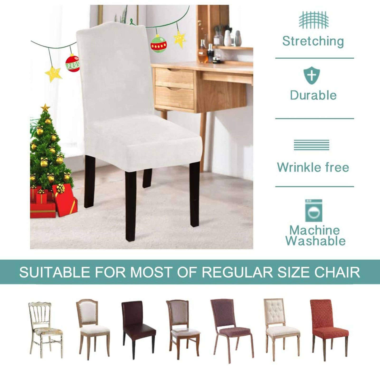 Stretch Velvet Dining Room Chair Slipcovers, Removable Non Slip Dining Chair Covers, Seat Slipcover for Home Party Hotel Wedding Ceremony-White-Set of 2