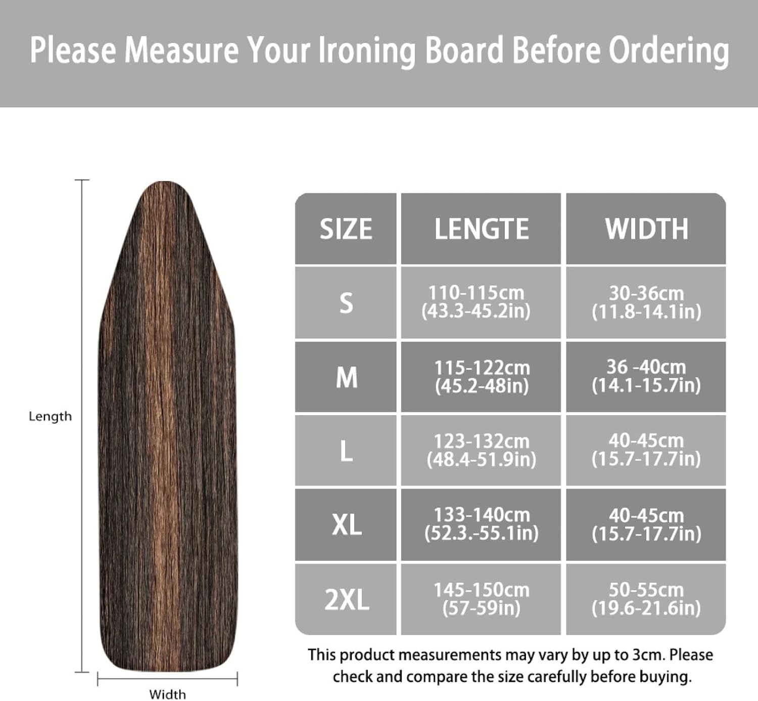 Ironing Board Cover 14x48 Wood Dark Brown Gray Iron Board Cover with Padding Heat Reflective,Scorch Resistant Thick Padding,Snug Fit Non-Slip Nose Pocket Fastener Straps Elastic Edges