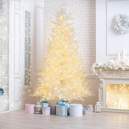 Miniatura 3 de Goplus Árbol de Navidad artificial preiluminado de 6 pies, árbol de Navidad con bisagras blancas con 383 puntas de polietileno flocado de nieve, 300
