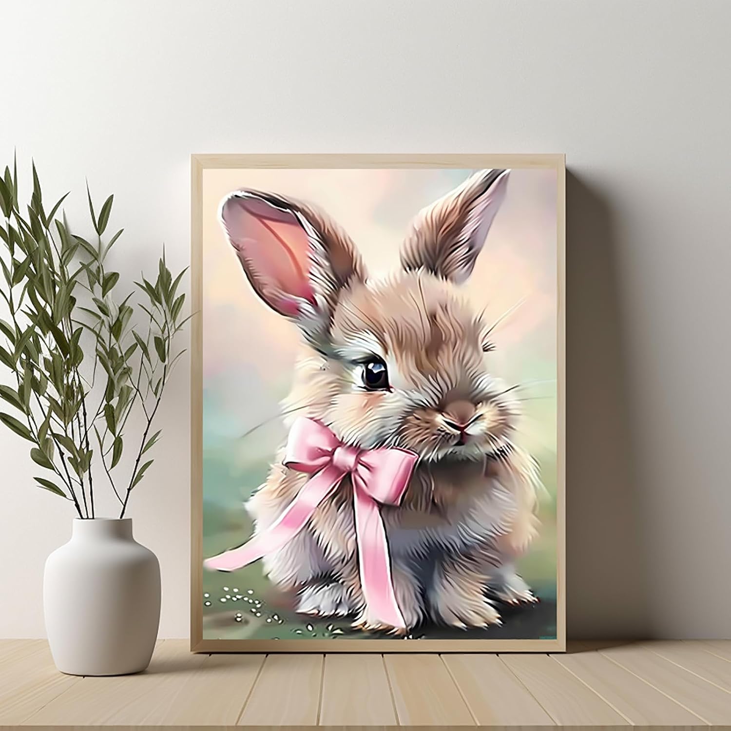 HMDIIMGE Diamond Painting Kits for Adults, The Cute Bunny in The Pink Bow Bunny Full Round Diamond Craftwork for Beginners Gem Art Home Wall Decor Gift 12x16 Inch image 2