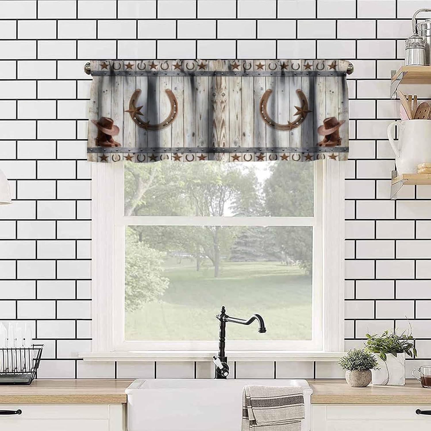 West Country Wooden Doors Valance Curtain for Kitchen,Old Country Ranch Texas Western Cowboy Star Sign Barn Door Windows Treatment Drapes for Bathroom Bedroom Living Room Farmhouse 54x 18 in - Image 2