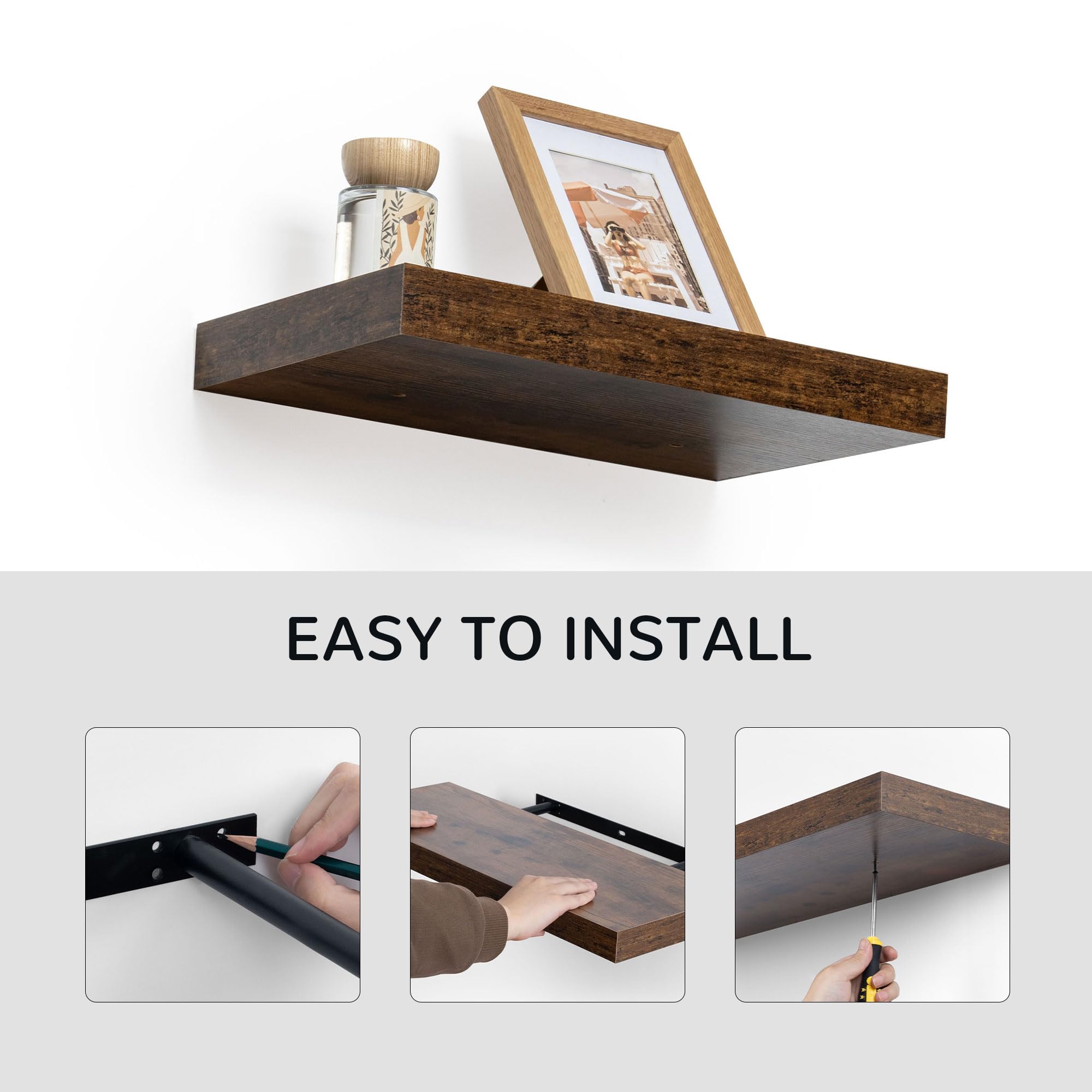 Deep Floating Shelves - 16" W x 9" D x 1.6" H Rustic Brown Wall Shelf - Wall Mounted Shelves for Decor & Storage - Wooden Shelves with Invisible Brackets for Living Room, Kitchen, Farmhouse - Set of 2