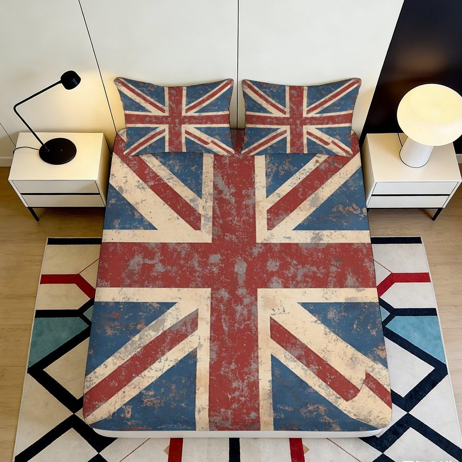 3D Printed Vintage Union Jack Fitted Sheet Microfiber Soft Durable British Flag Bed Cover for Bedroom Dormitory Guest Room Mattress Protection 120x200x25cm