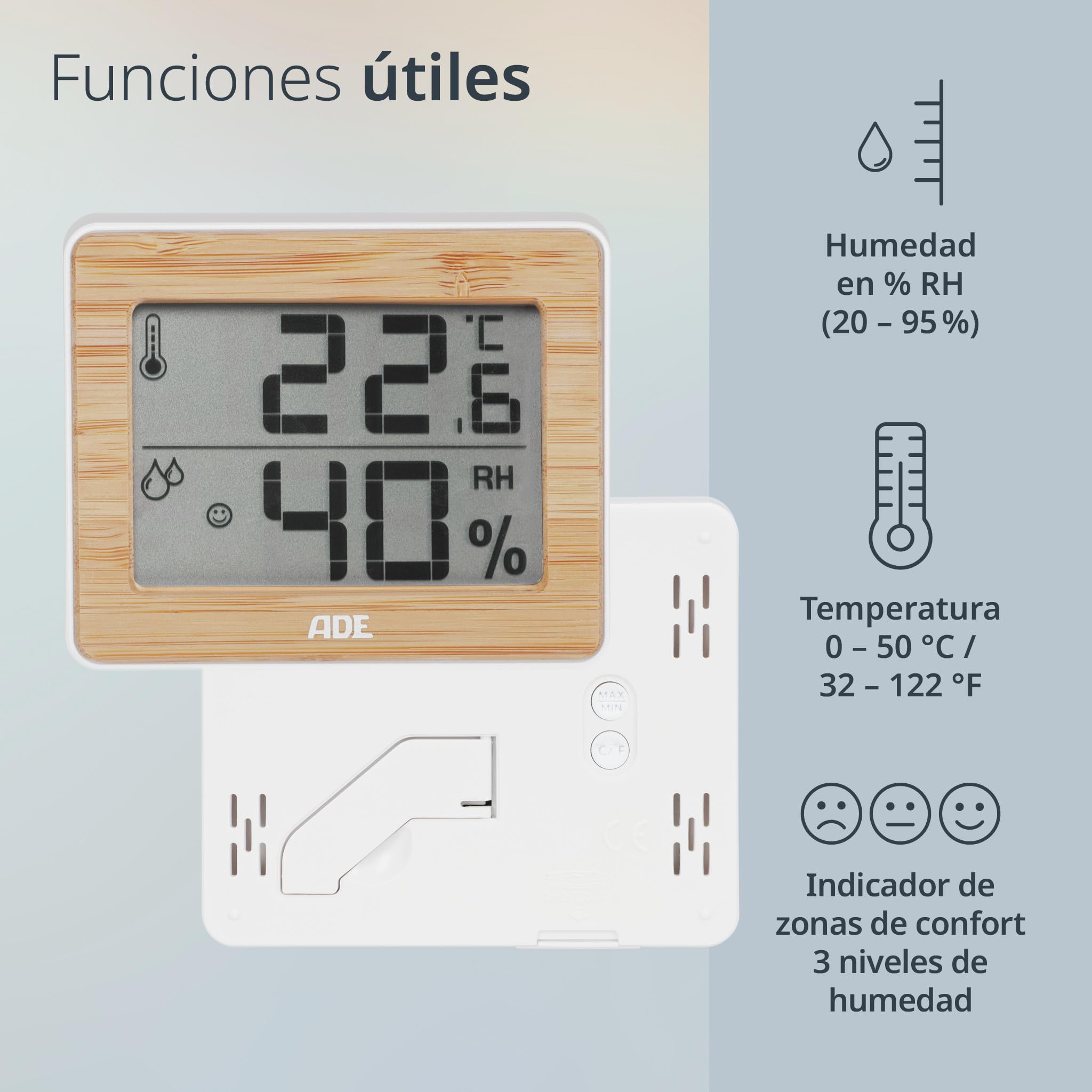 ADE Higrómetro digital para indicar la humedad y la zona de confort | termómetro con indicación precisa de la temperatura | pantalla LCD | bambú | 2 piezas