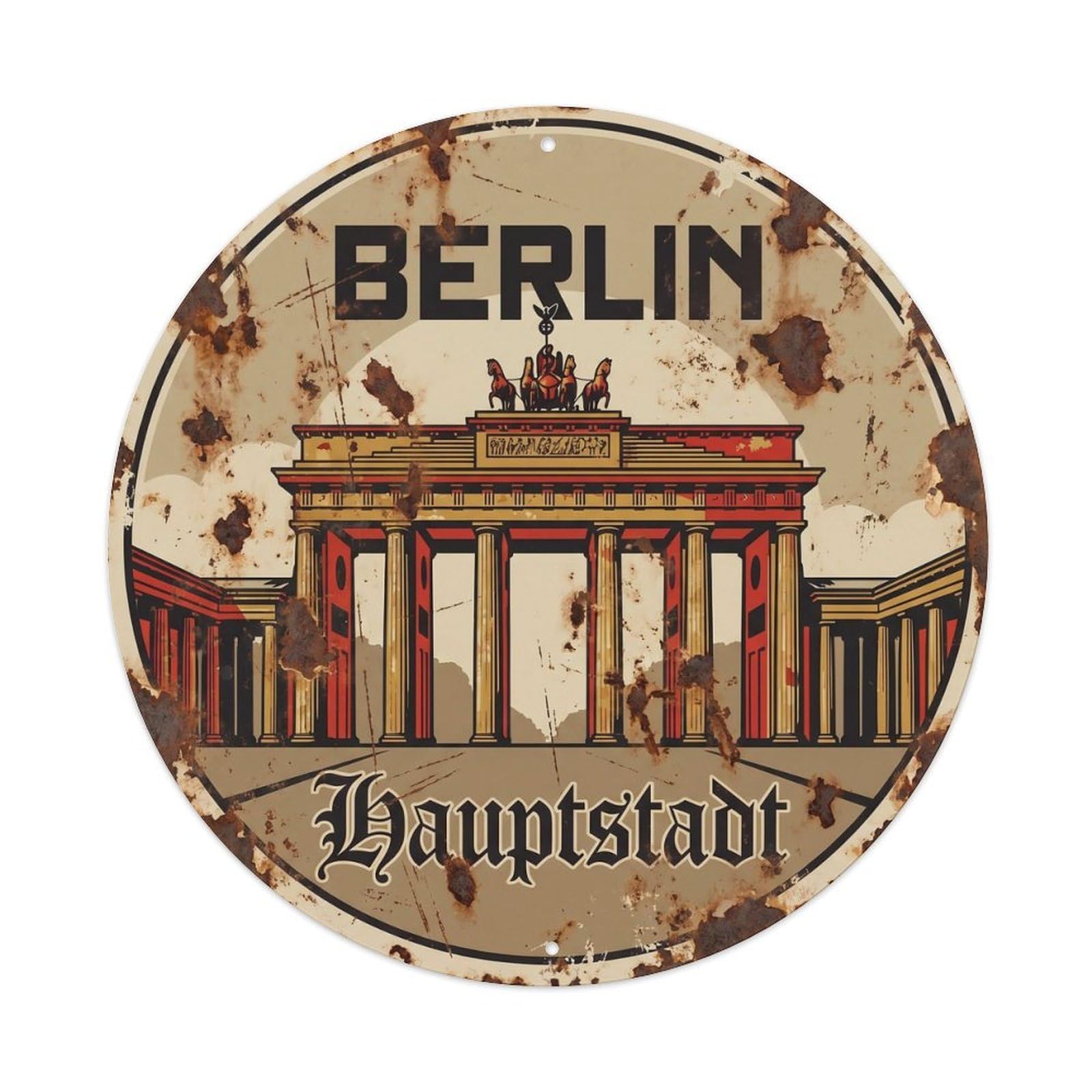 Vintage Travel Berlin Brandenburg Gate 2 Metal Tin Sign Plaque Wall Decor for Cafe, Club, Garden Round Metal Poster 8x8Inch