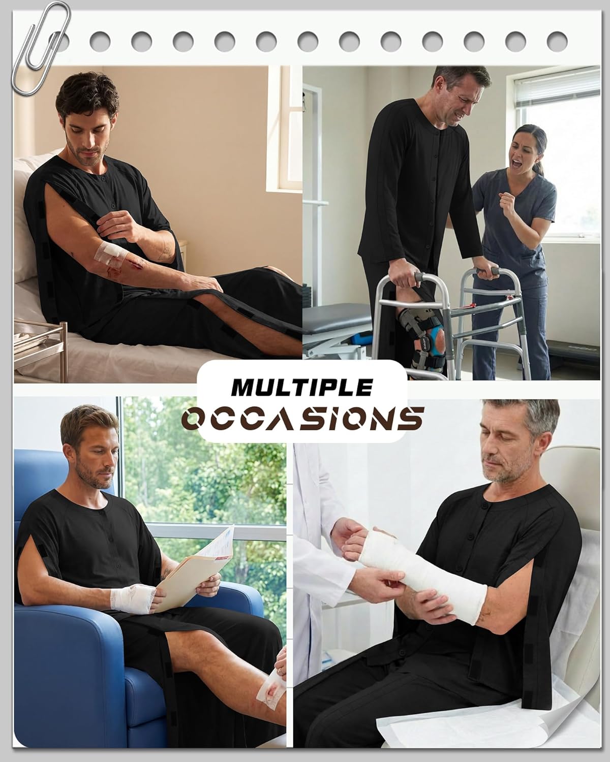 Mens Post Shoulder Surgery Shirt Tear Away Pant Fully Open Bedridden Patient Clothing Adaptive Hospital Gown Set - Image 2