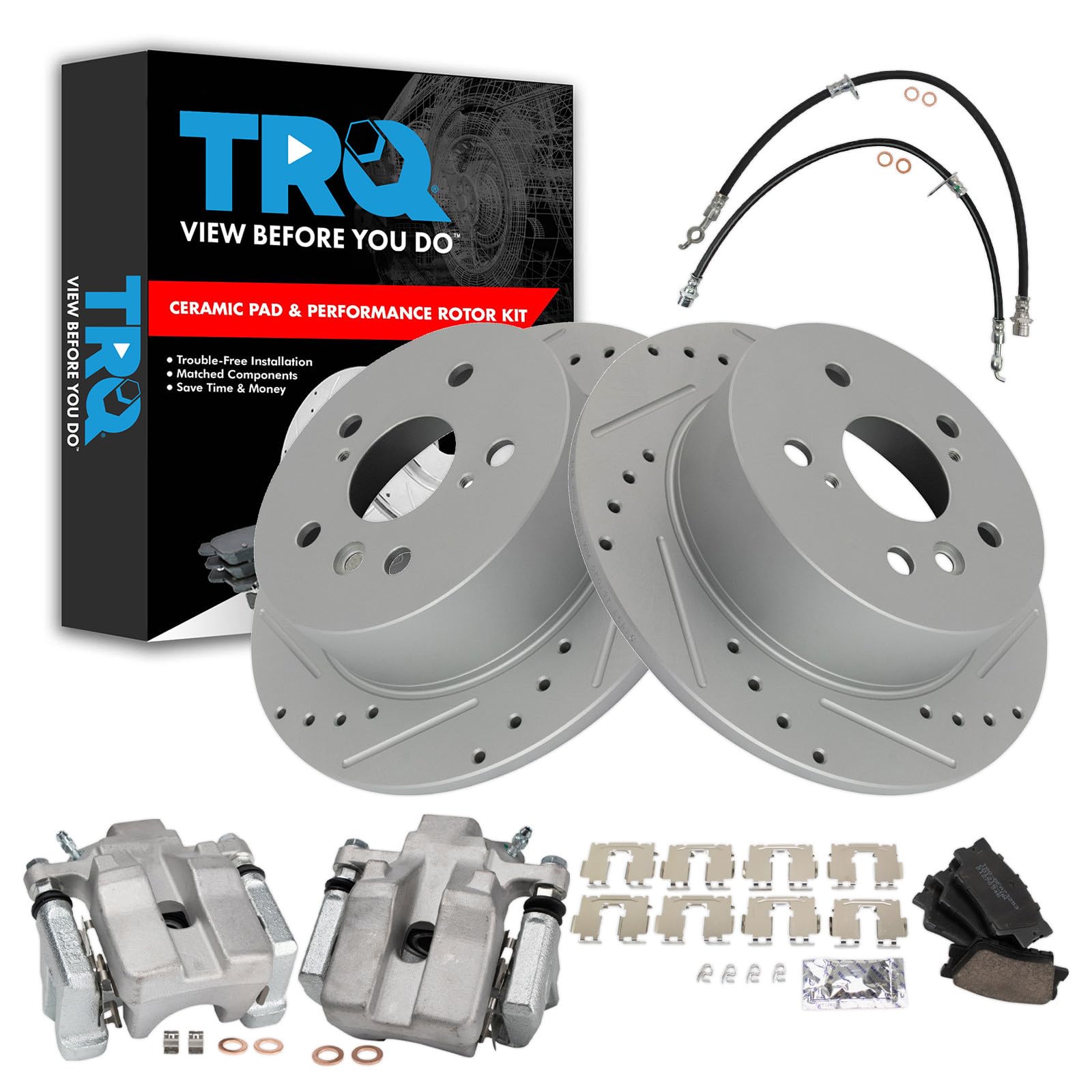 TRQ Performance Rear Brake Pad and Rotor Set Ceramic Slotted Drilled Coated Rotors Calipers Compatible with 2007-2012 Lexus ES350 2008-2012 Toyota Avalon 2007-2011 Camry
